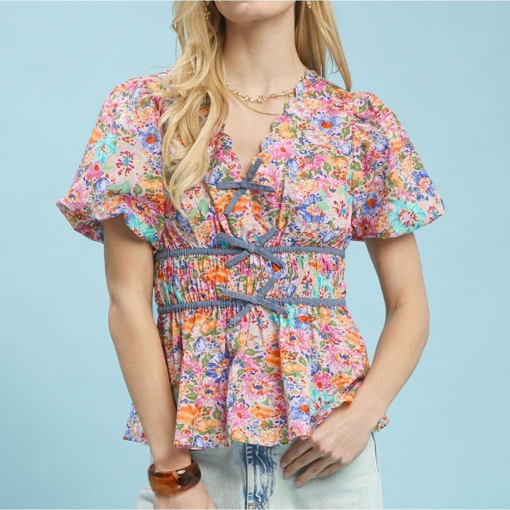 Umgee Women's Floral Smocked Waist Blouse Puff Sleeve Top Sz Large